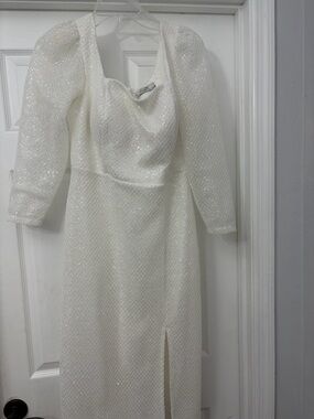 From turkey Elegant White Sequin Midi Dress with Puff Sleeves